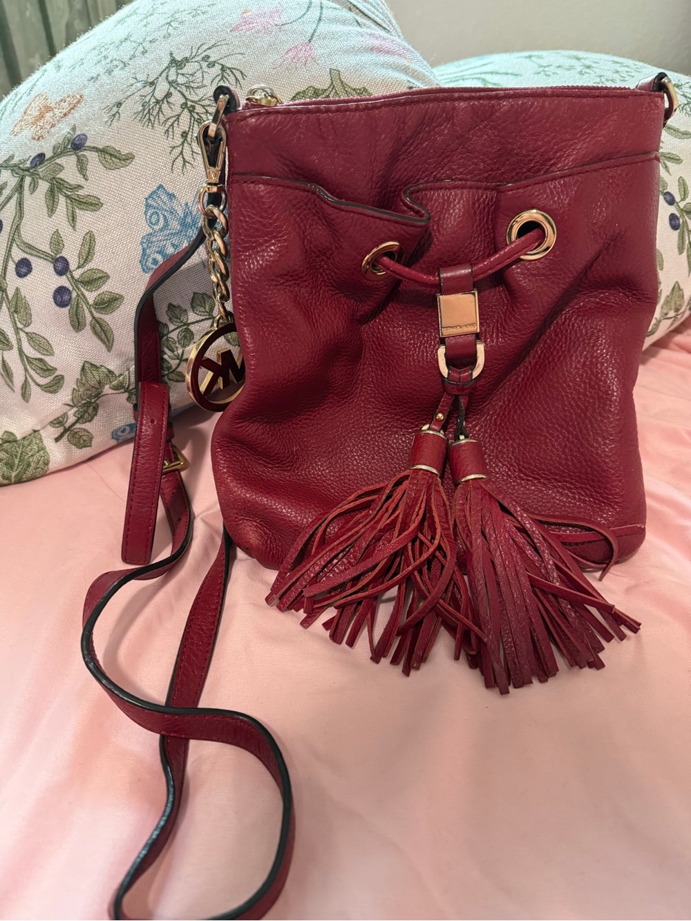 Michael Kors Burgundy Leather Tassel Drawstring Crossbody